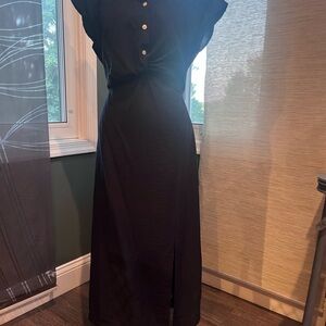 Old Navy Dark Navy Midi Dress with Button Detail, Cut Out, and Slit.